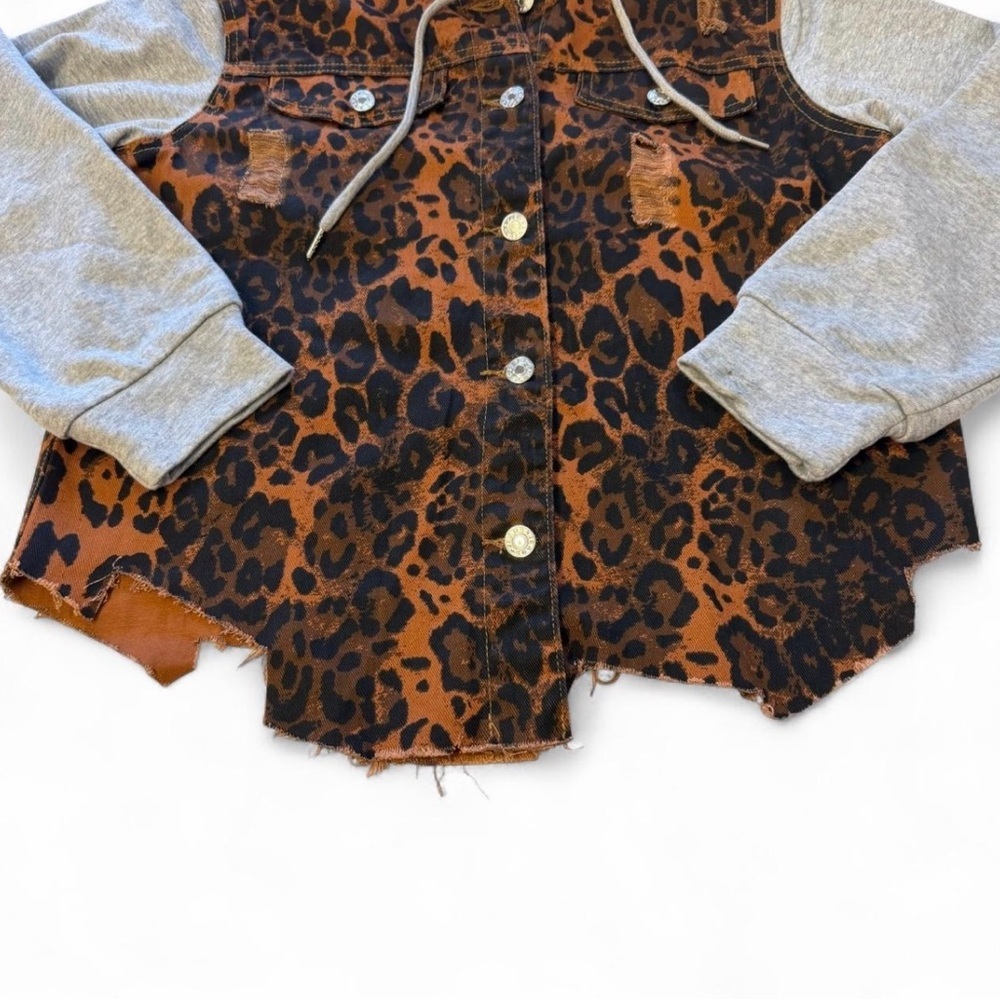 Leopard Print Hoodie Shacket Jacket Women’s Medium Boho Baddie Moto Grunge Brown - Picture 3 of 7